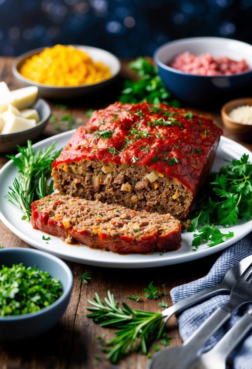 A platter of savory beef meatloaf with ground beef and herbs, surrounded by recipe ingredients and utensils