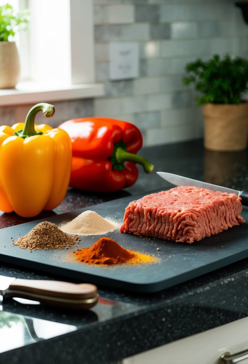 A kitchen counter with ingredients: bell peppers, ground beef, spices, and a cutting board with a knife