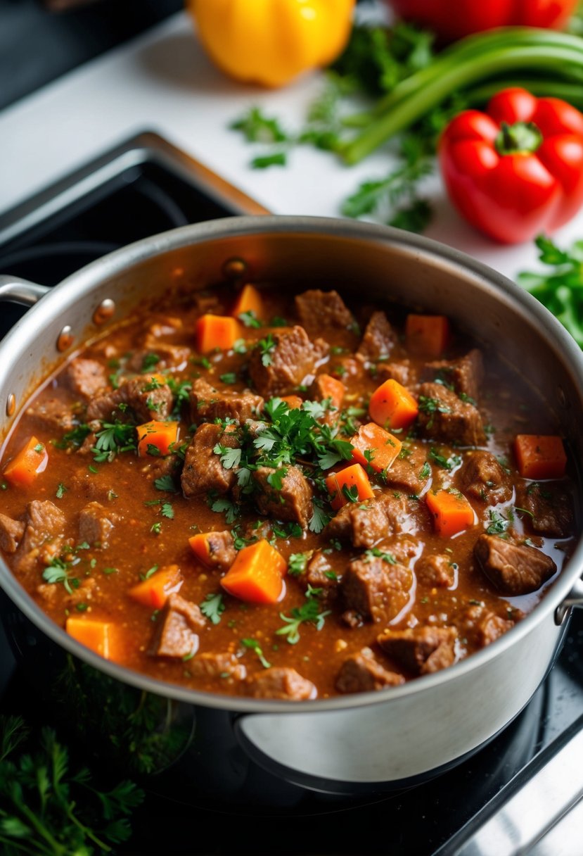 A bubbling pot of beef goulash simmers on a stovetop, surrounded by colorful vegetables and herbs