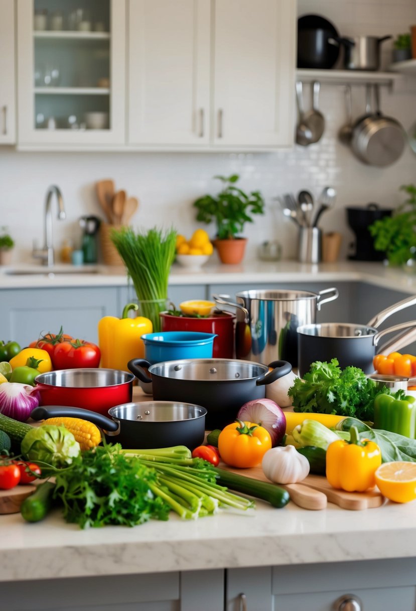 A colorful array of fresh ingredients, pots, pans, and utensils scattered on a clean kitchen counter, ready for a beginner to start cooking