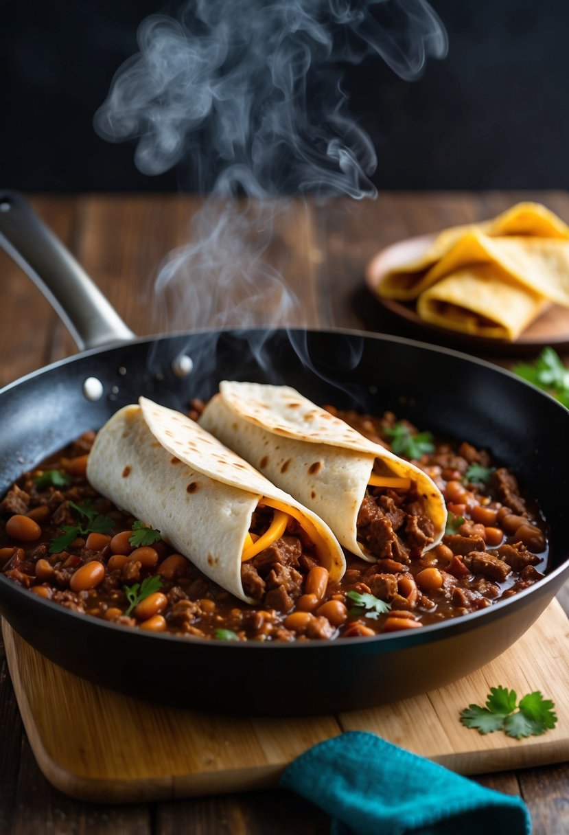 A sizzling skillet with beef and bean burritos, steam rising