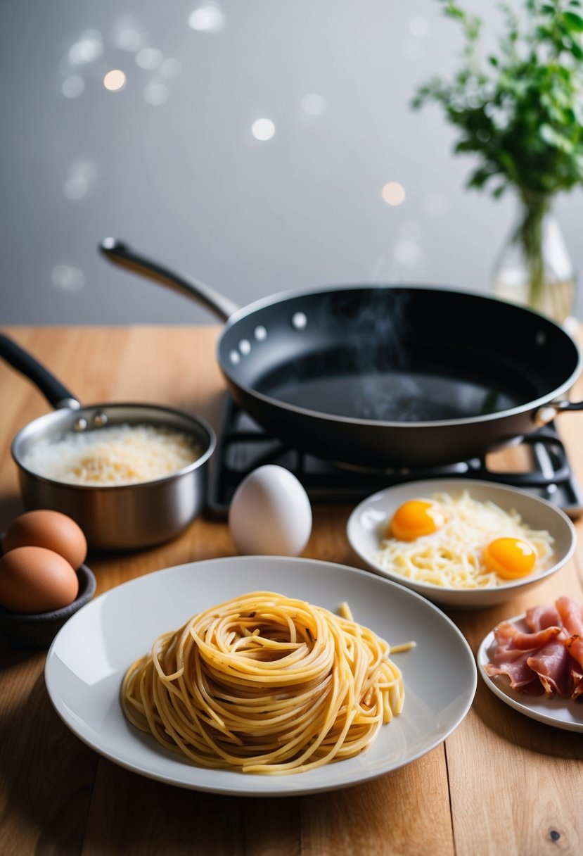 A table set with ingredients: spaghetti, eggs, cheese, pancetta, and black pepper. A pot of boiling water and a frying pan on the stove