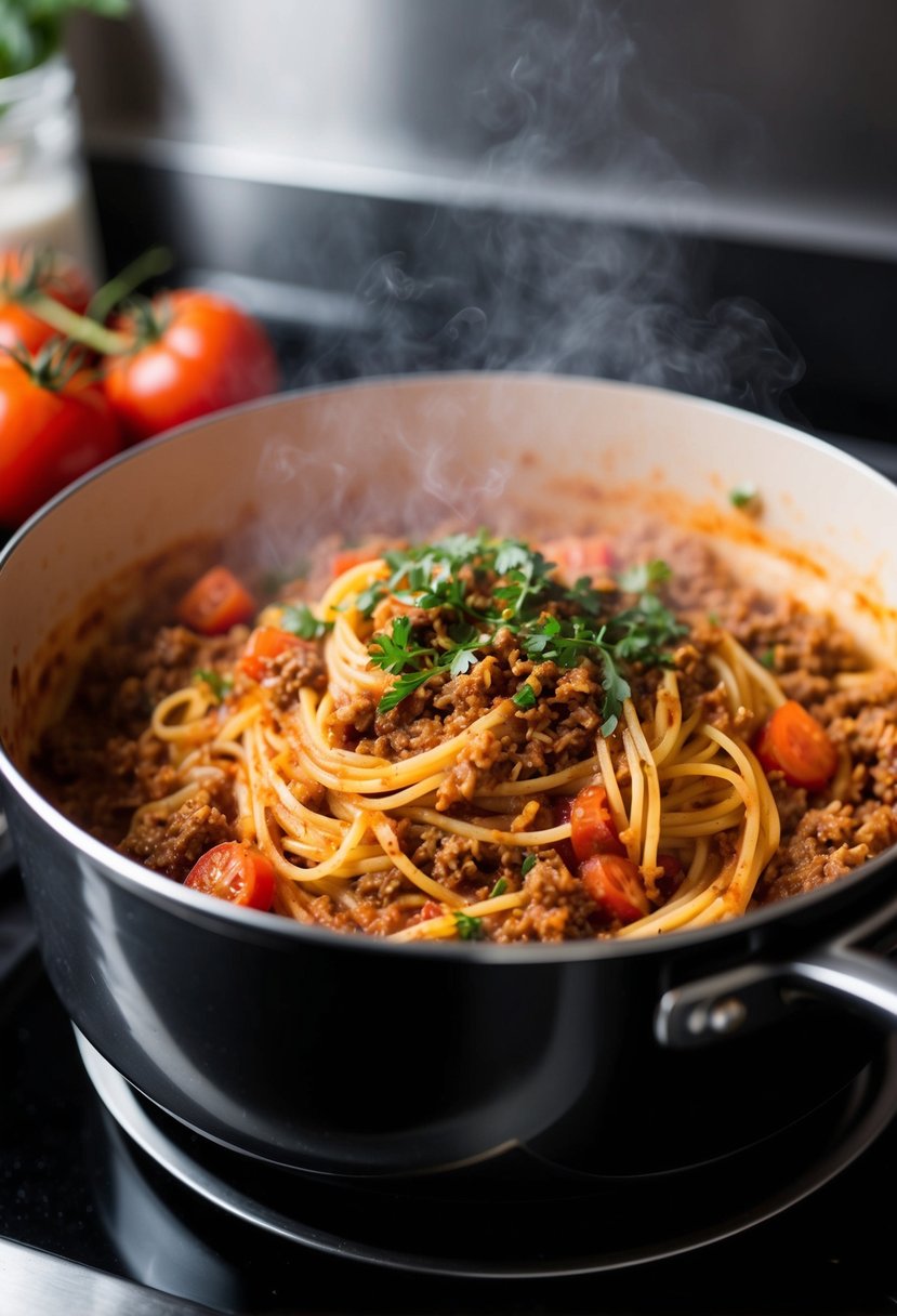 A pot of simmering spaghetti bolognese with ground beef, tomatoes, and herbs on a stovetop