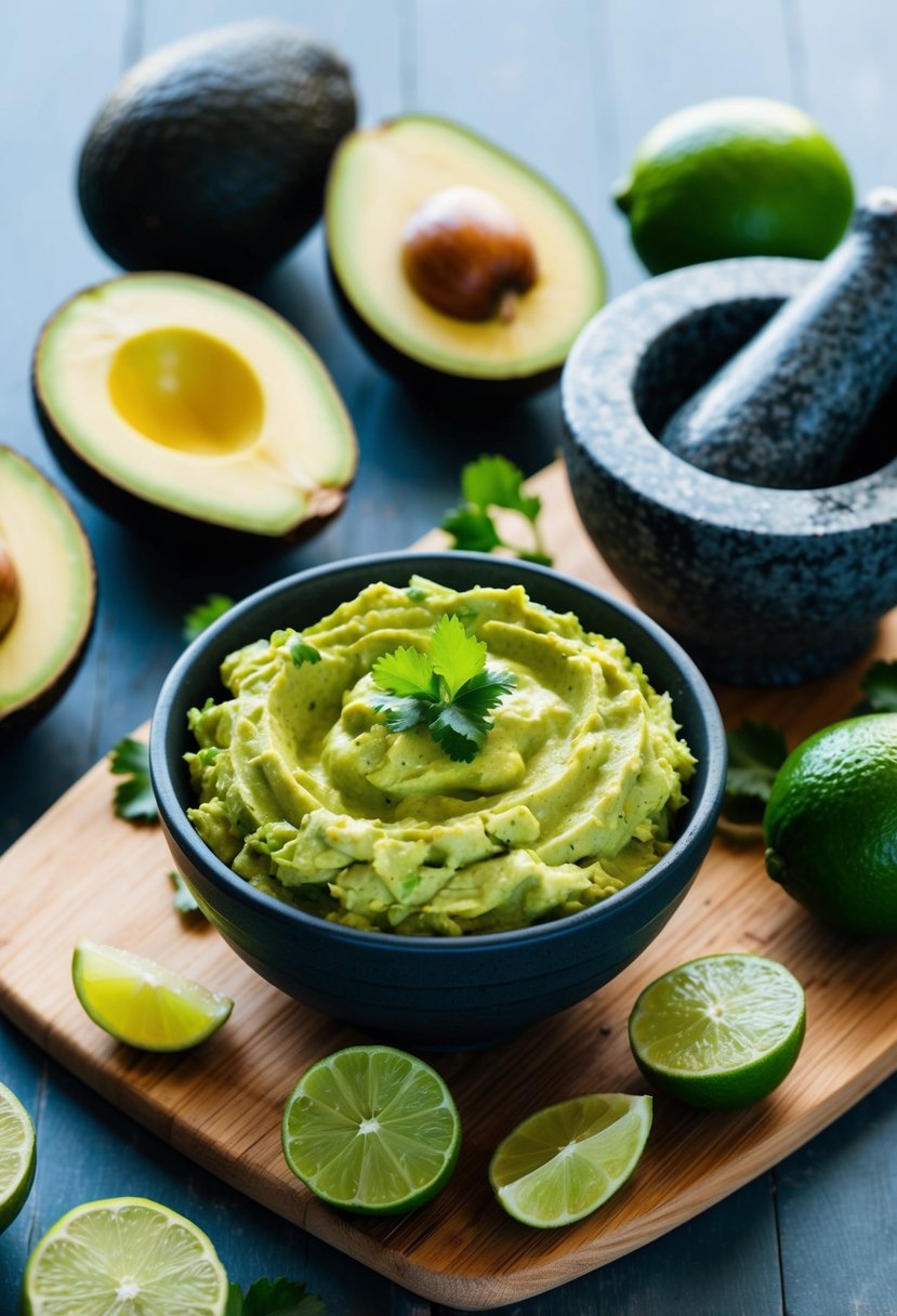 A bowl of guacamole with lime surrounded by ripe avocados, fresh limes, and a mortar and pestle on a wooden cutting board