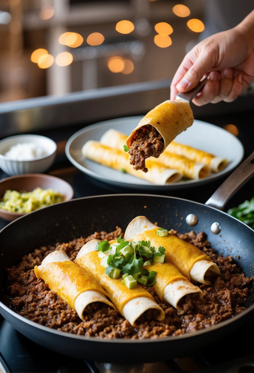 A sizzling skillet of beef enchiladas being prepared with ground beef and other ingredients