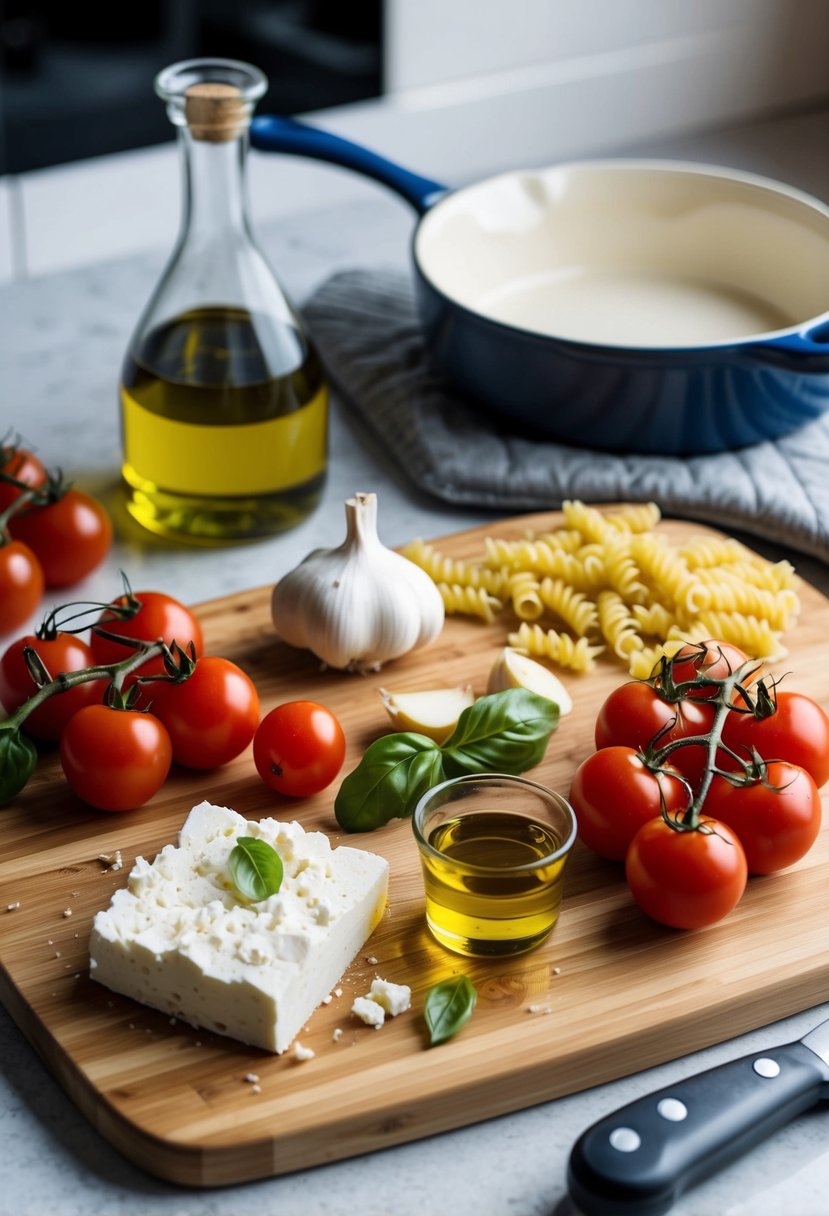 A wooden cutting board with ingredients: feta cheese, cherry tomatoes, garlic, olive oil, and pasta. A baking dish and oven mitts nearby