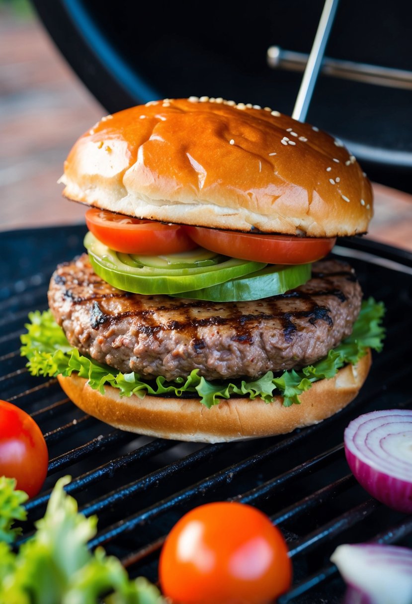 A sizzling beef burger grilling on a hot barbecue, surrounded by fresh ingredients like lettuce, tomatoes, and onions