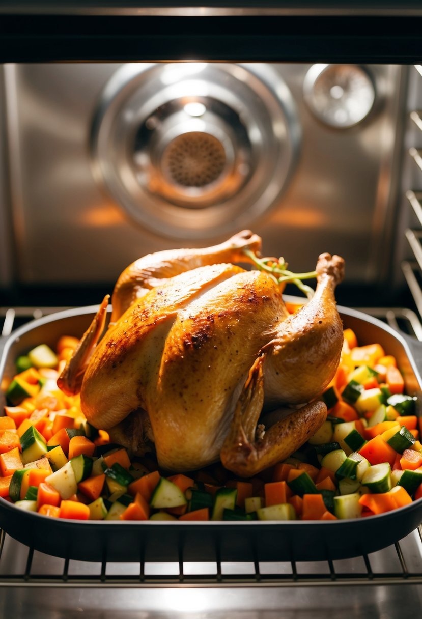 A whole chicken surrounded by colorful, chopped vegetables on a roasting pan in an oven