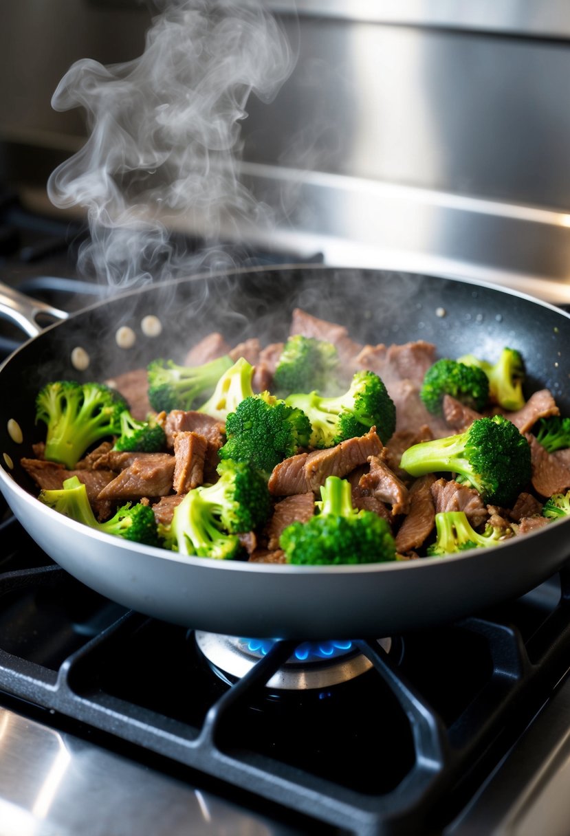 A sizzling skillet of beef and broccoli stir-fry cooks on a gas stove. Steam rises from the pan as the ingredients are tossed together