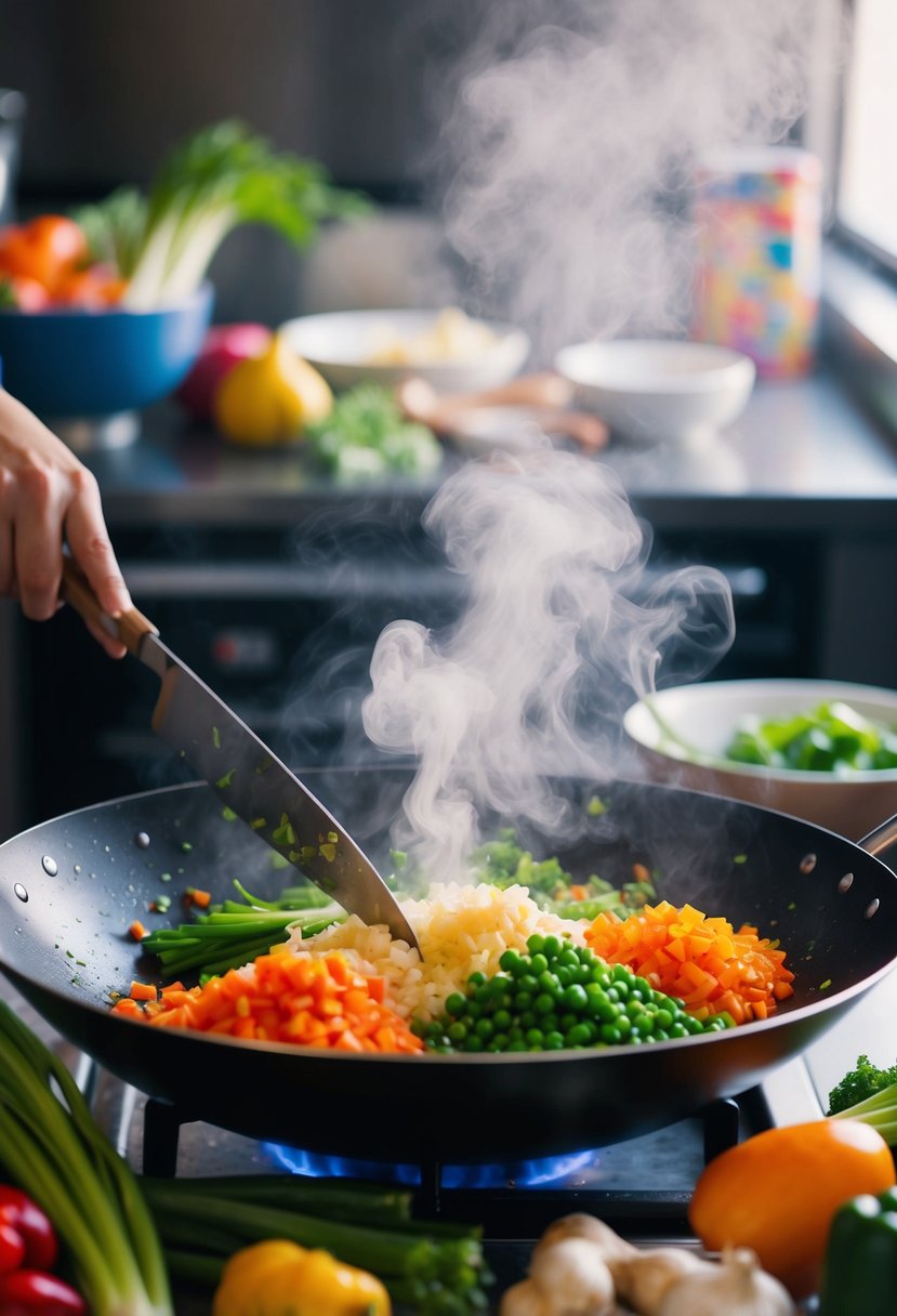 A colorful array of fresh vegetables being chopped and sizzling in a hot wok, steam rising as the aroma of garlic and ginger fills the air