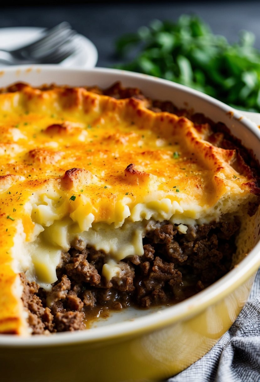 A bubbling dish of shepherd's pie, with layers of seasoned ground beef, mashed potatoes, and cheese, fresh out of the oven