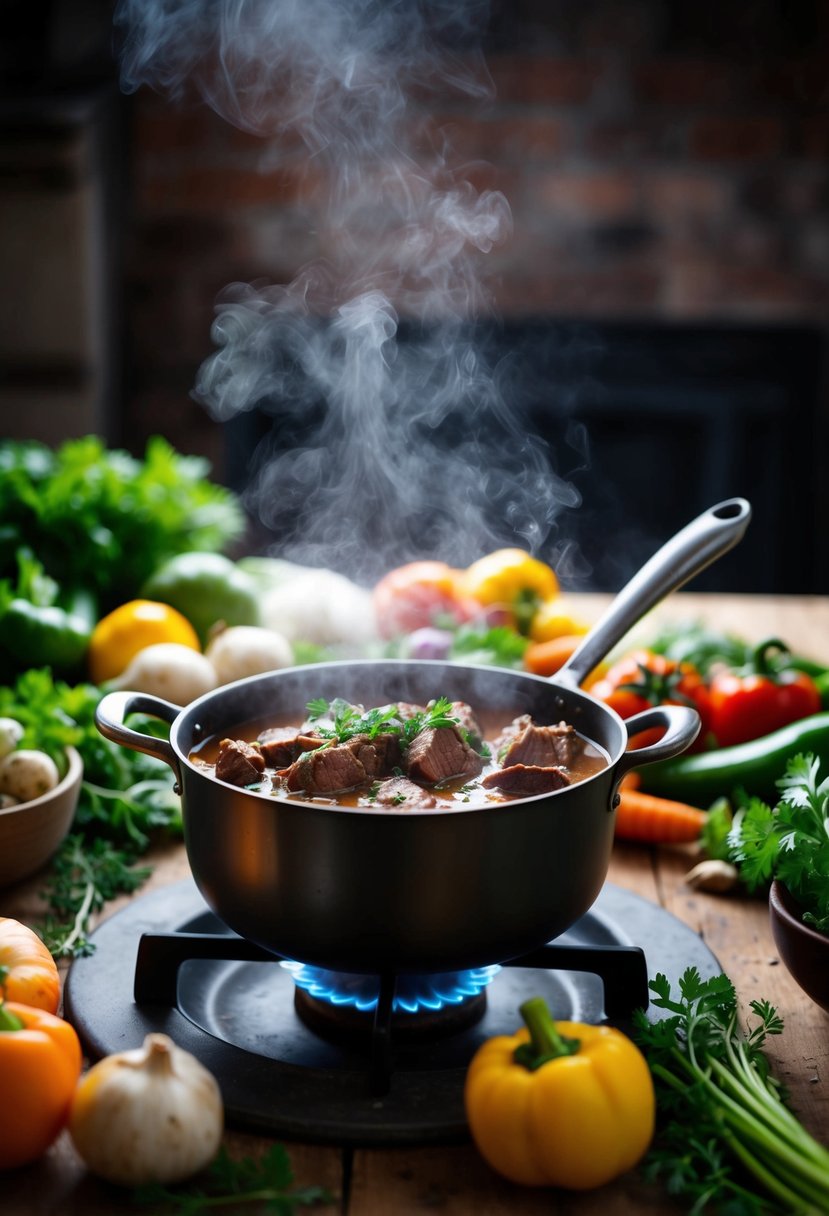 A steaming pot of beef stew simmering on a rustic stove, surrounded by fresh vegetables and herbs