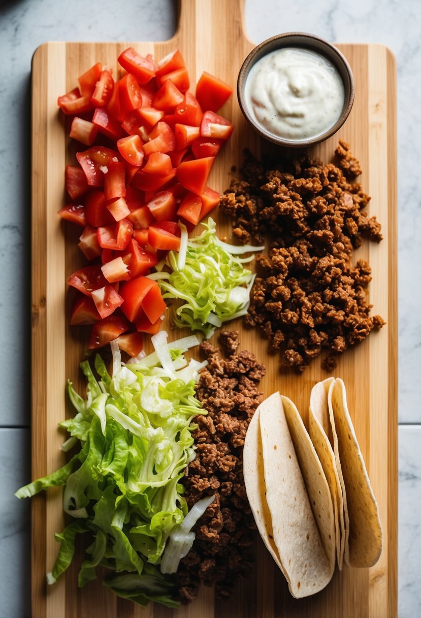 A wooden cutting board with diced tomatoes, shredded lettuce, ground beef, and taco shells laid out on a kitchen counter