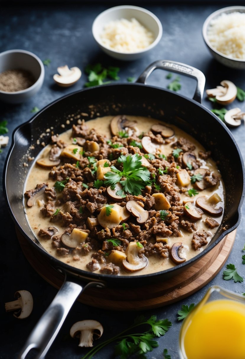 A skillet sizzling with ground beef and mushrooms in a creamy sauce, surrounded by scattered recipe ingredients