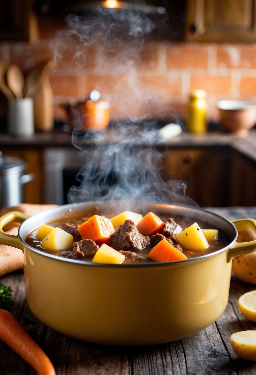 A steaming pot of beef stew with chunks of carrots and potatoes, surrounded by the warm glow of a rustic kitchen