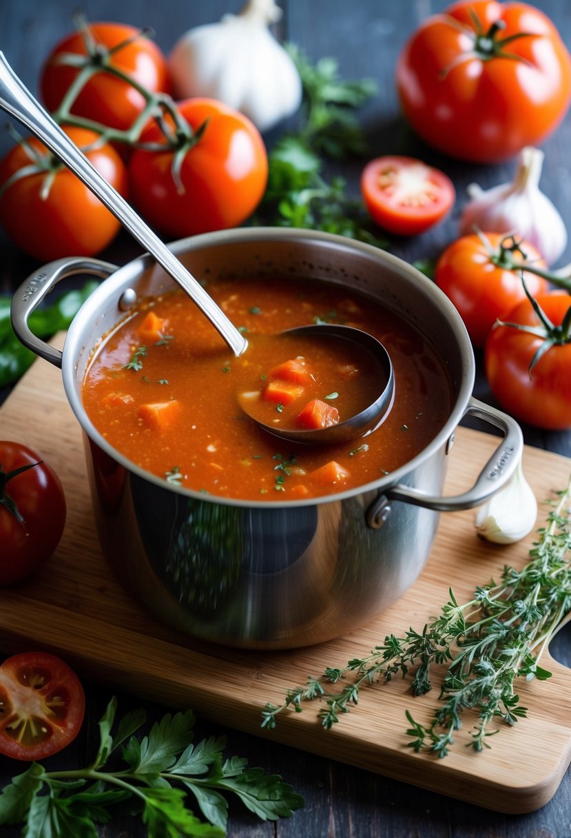 A pot of simmering tomato soup with a ladle resting on the side, surrounded by fresh tomatoes, onions, garlic, and herbs on a wooden cutting board