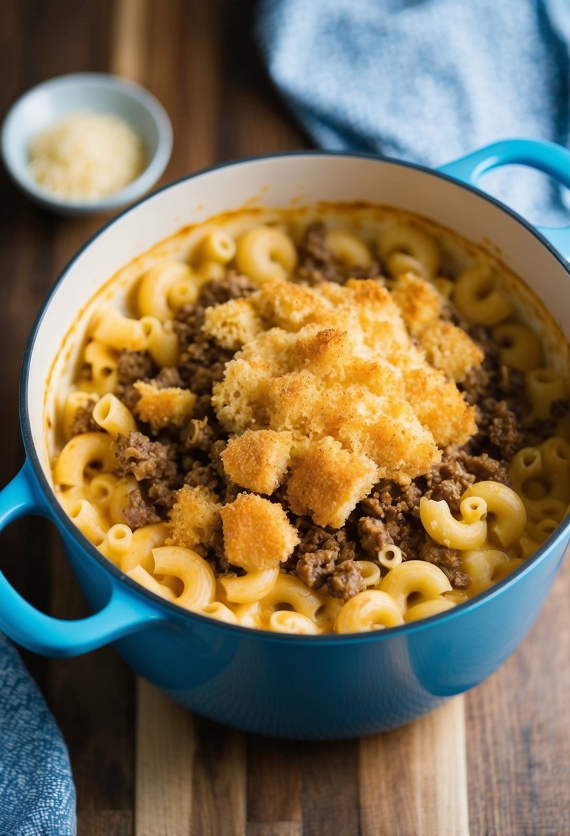 A bubbling pot of creamy mac and cheese with chunks of seasoned ground beef mixed in, topped with a golden, crispy breadcrumb crust