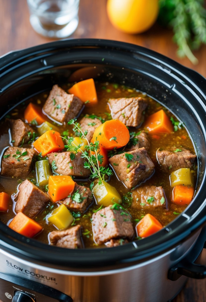 A bubbling slow cooker filled with chunks of tender beef, colorful vegetables, and aromatic herbs simmering in a rich, savory broth