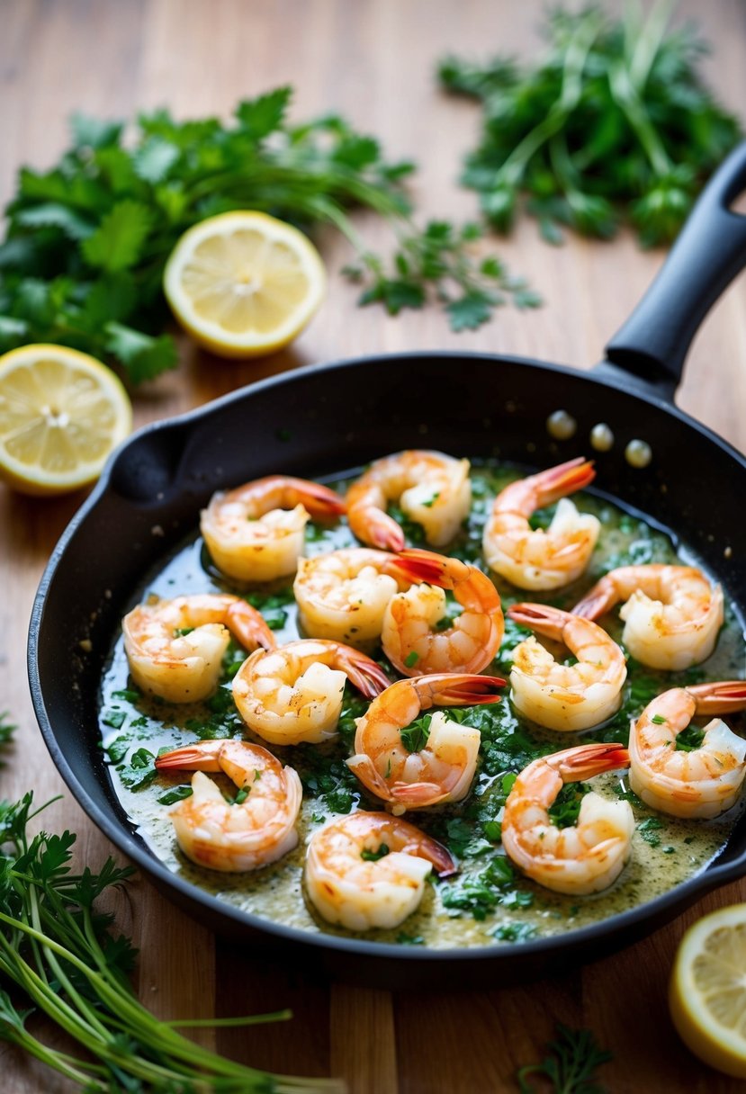 A sizzling skillet of garlic butter shrimp, surrounded by fresh herbs and lemon slices