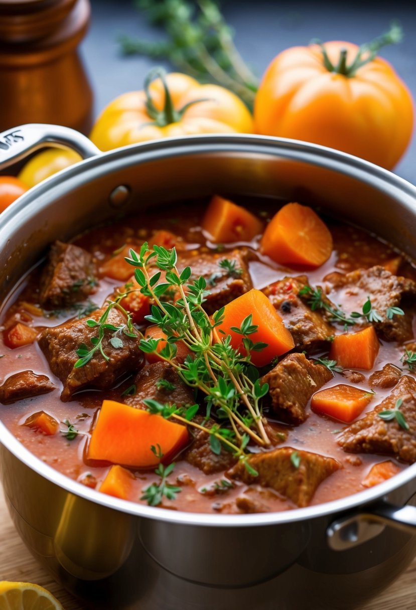 A simmering pot of rich tomato-based stew with thyme, filled with tender chunks of beef and colorful vegetables