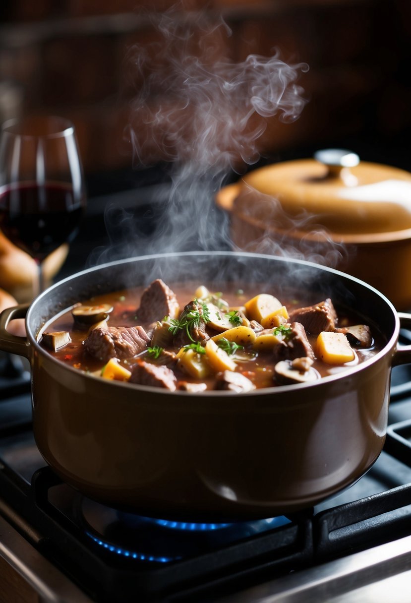 A steaming pot of beef stew with mushrooms and red wine simmering on a rustic stove