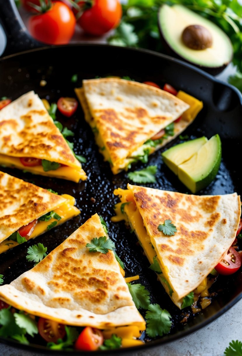 A sizzling skillet with golden-brown cheese quesadillas, surrounded by colorful ingredients like tomatoes, avocados, and cilantro