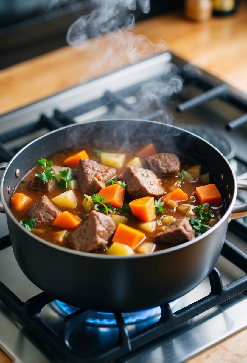 A pot of beef stew simmering on a stovetop, filled with chunks of tender beef, hearty vegetables, and savory broth, with steam rising from the pot