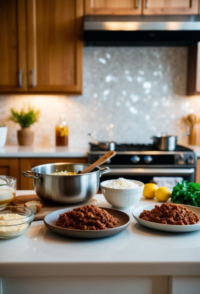 A kitchen counter with ingredients and utensils for making homemade Sloppy Joes