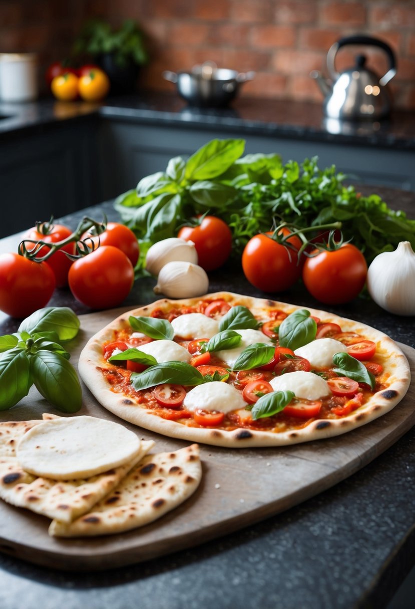 A rustic kitchen counter with ingredients for Margherita Naan Pizza spread out, including tomatoes, basil, mozzarella, and naan bread