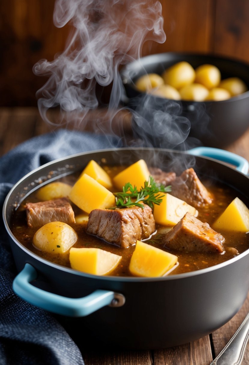 A bubbling pot of hearty stew with chunks of chuck roast and tender potatoes, steam rising from the rich, savory broth