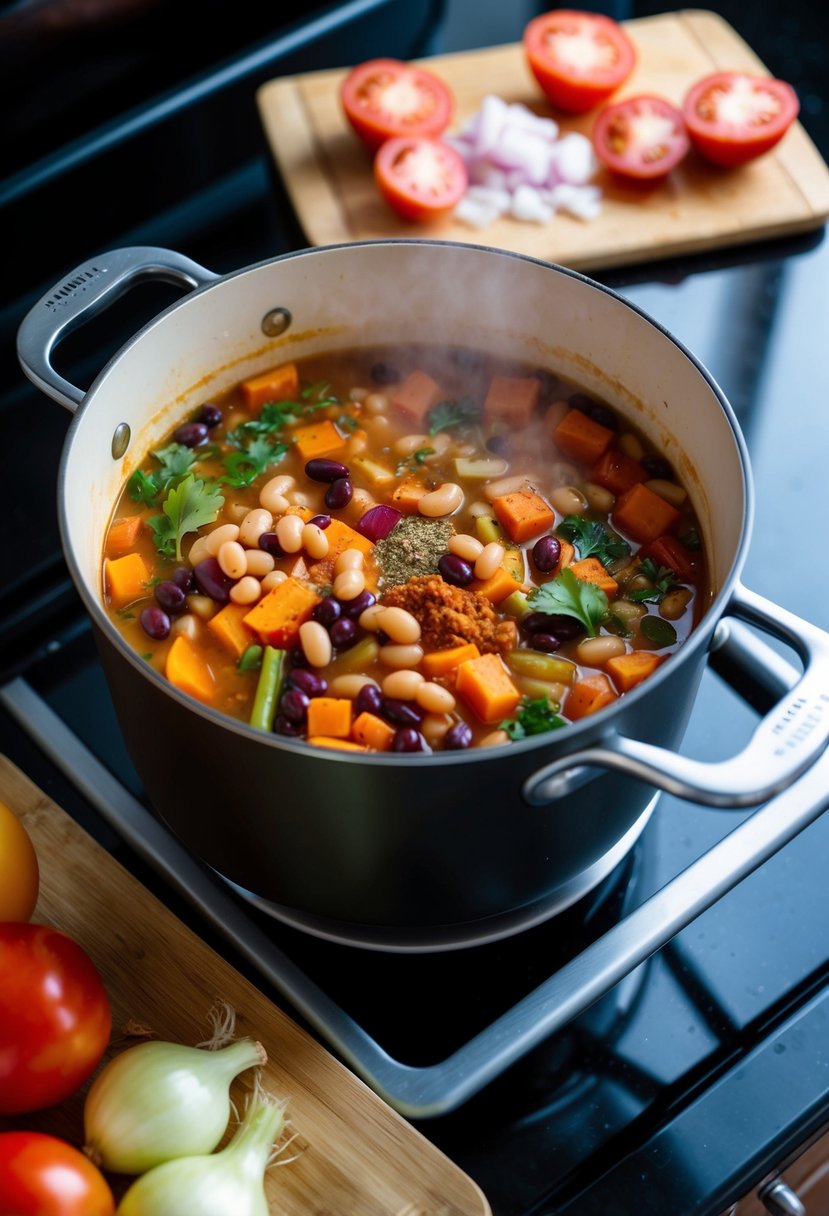 A pot simmering on a stove, filled with colorful vegetables, beans, and spices. Chopped tomatoes and onions on a cutting board nearby