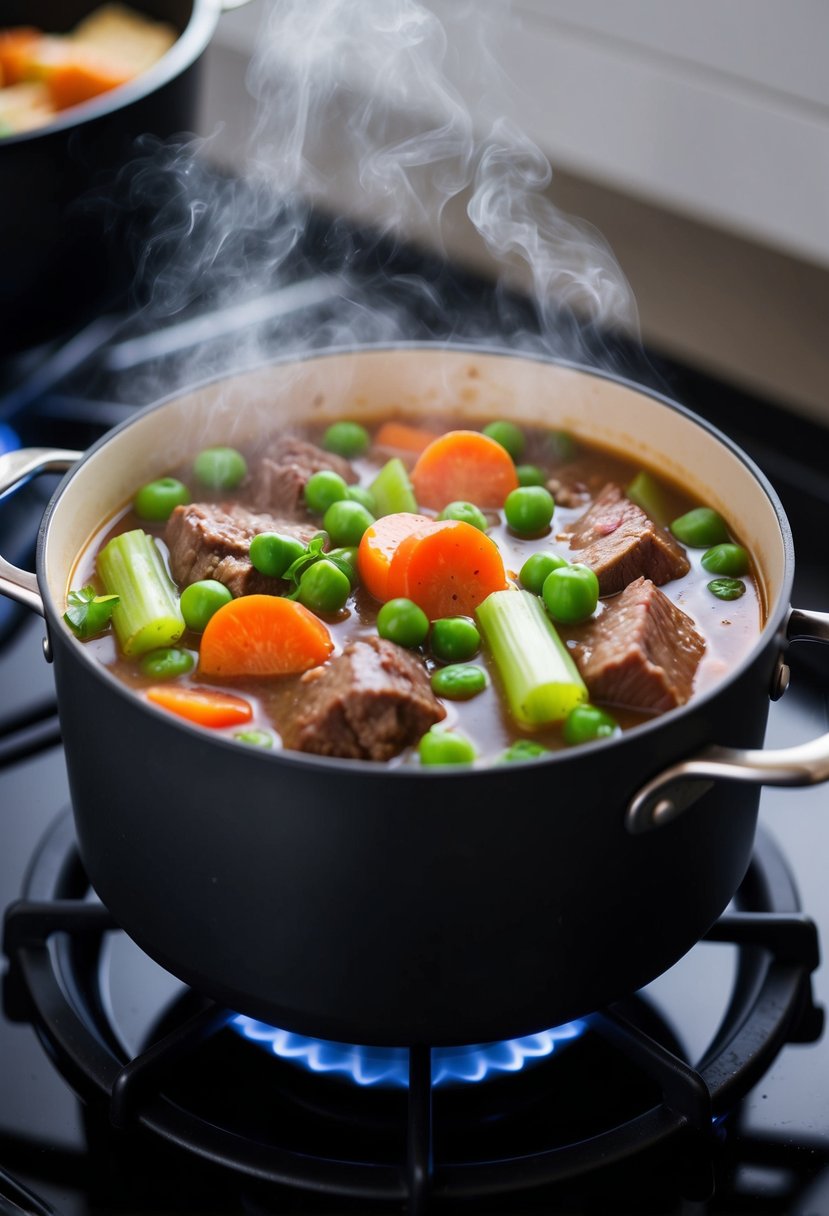 A steaming pot of beef and pea stew with celery and carrots simmering on a stovetop