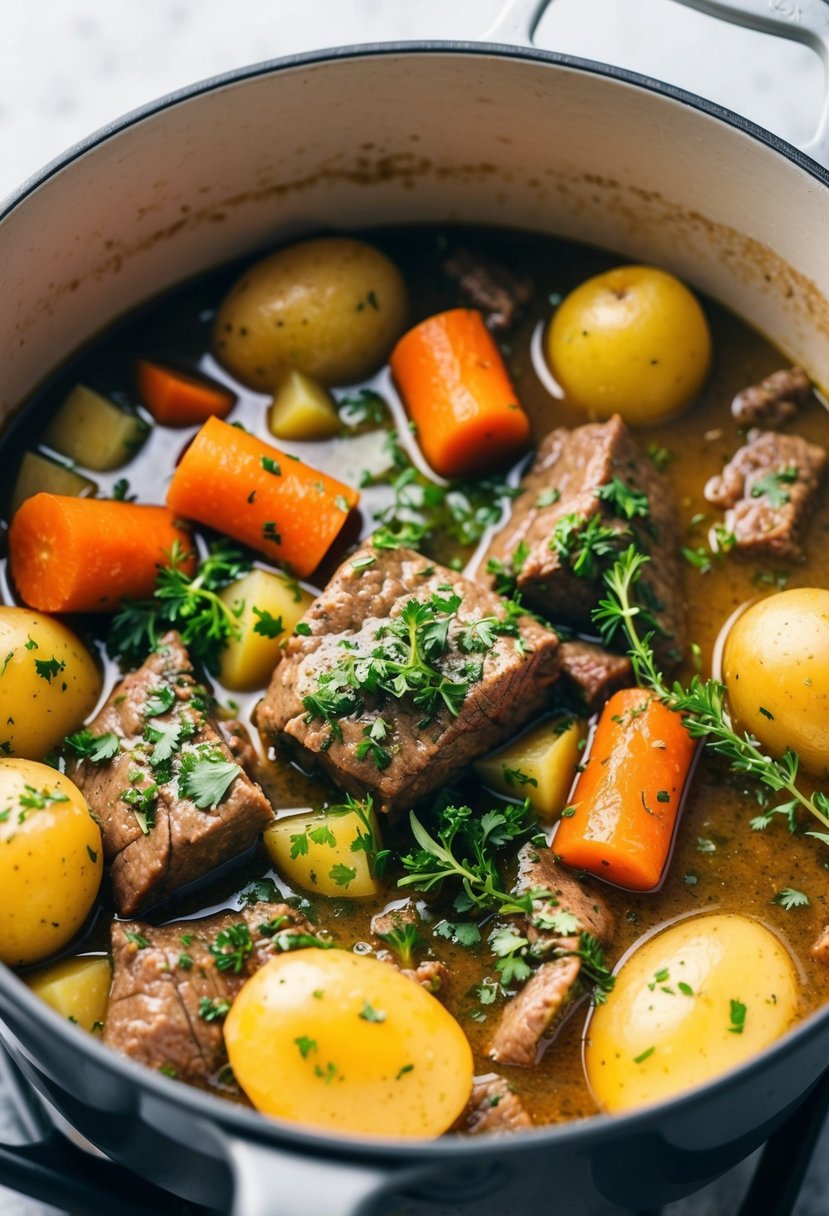 A simmering pot of beef stew with carrots, potatoes, and herbs, drizzled with olive oil