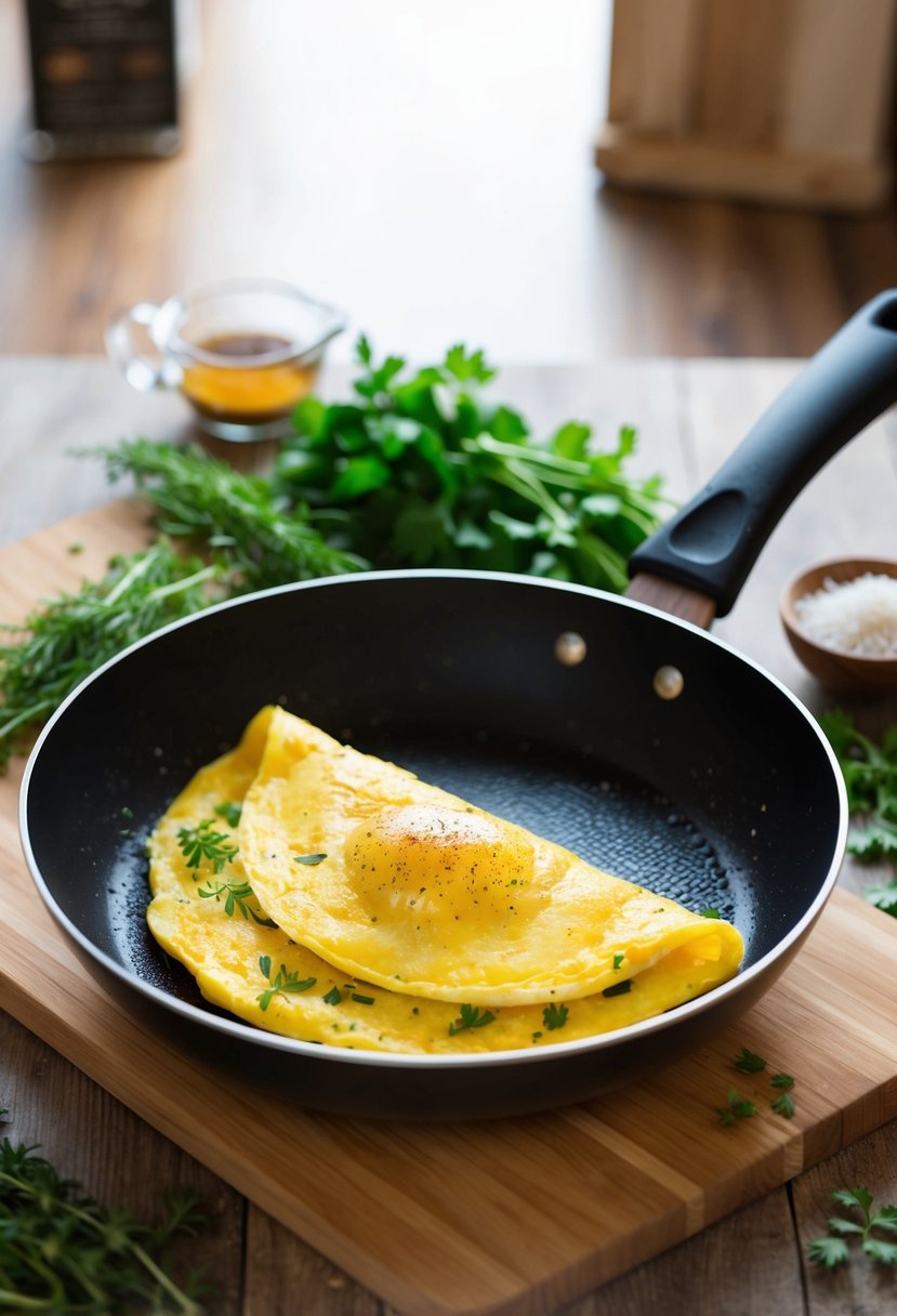 A sizzling omelette cooking in a non-stick pan, surrounded by fresh herbs and spices on a wooden cutting board