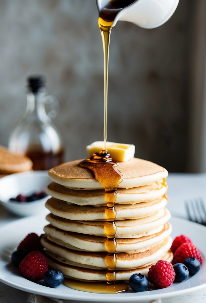 A stack of fluffy pancakes with a drizzle of maple syrup, a pat of butter, and a scattering of fresh berries on a white plate