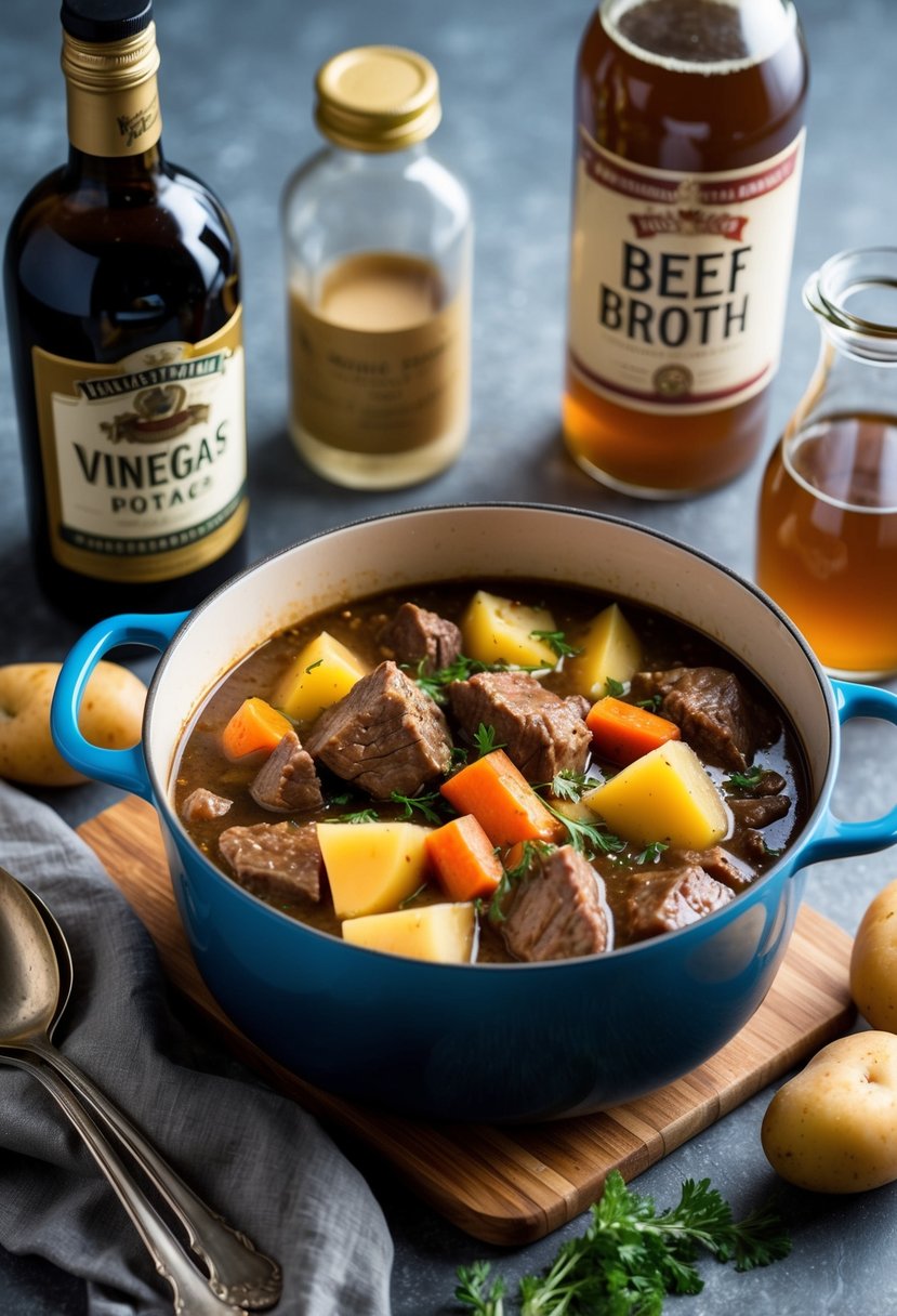 A simmering pot of beef stew with chunks of meat, carrots, and potatoes, surrounded by bottles of vinegar and beef broth