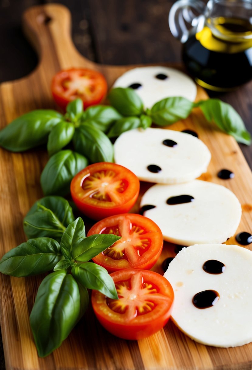 A wooden cutting board with fresh tomatoes, mozzarella, basil leaves, olive oil, and balsamic glaze