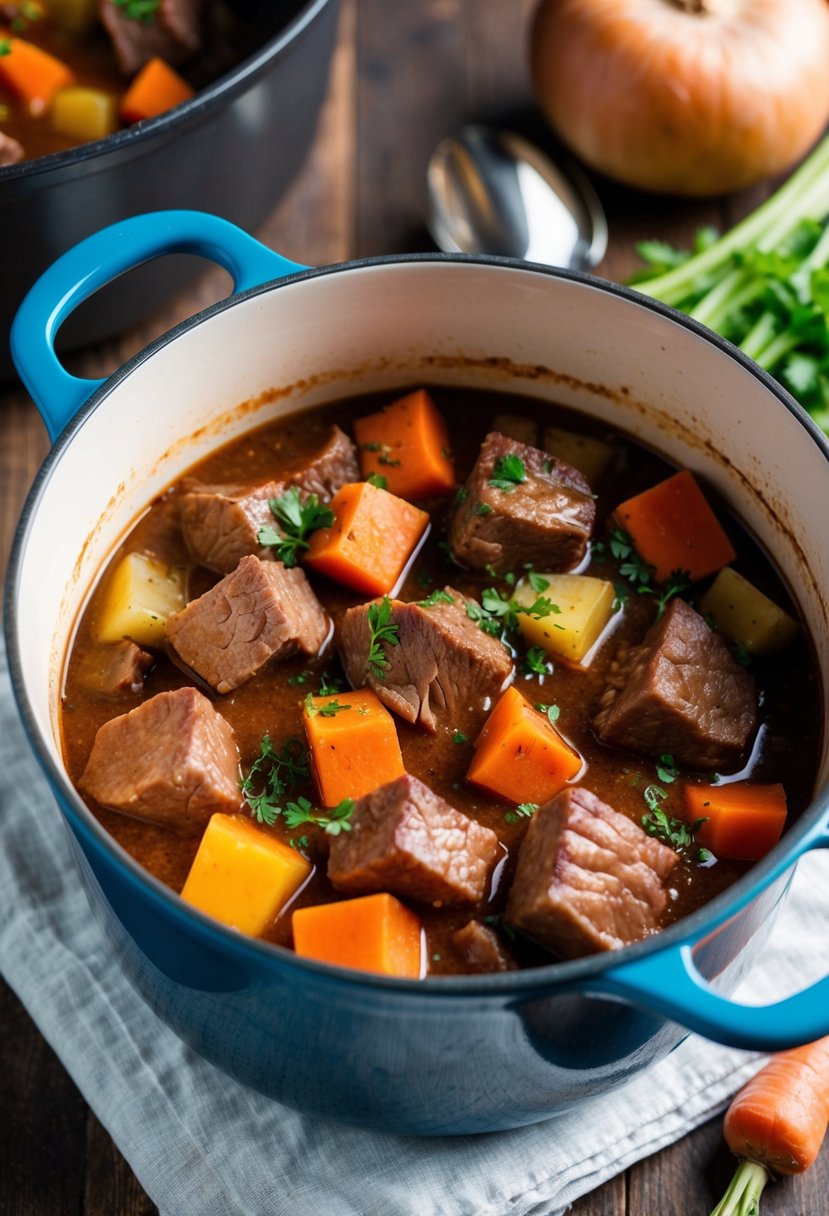 A pot of simmering beef stew with chunks of tender steak and colorful root vegetables