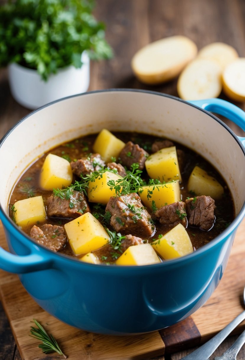 A bubbling pot of peppery beef stew with chunks of white potatoes and savory herbs