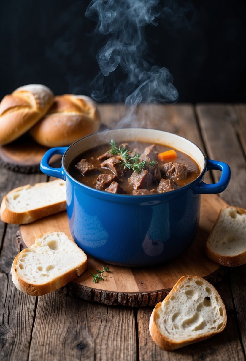 A steaming pot of beef stew surrounded by slices of crusty bread on a rustic wooden table