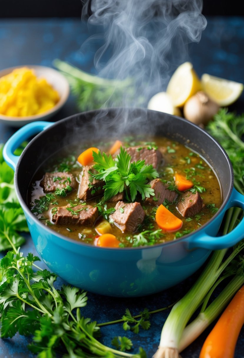 A simmering pot of aromatic herb beef stew, steaming and fragrant, surrounded by fresh vegetables and herbs