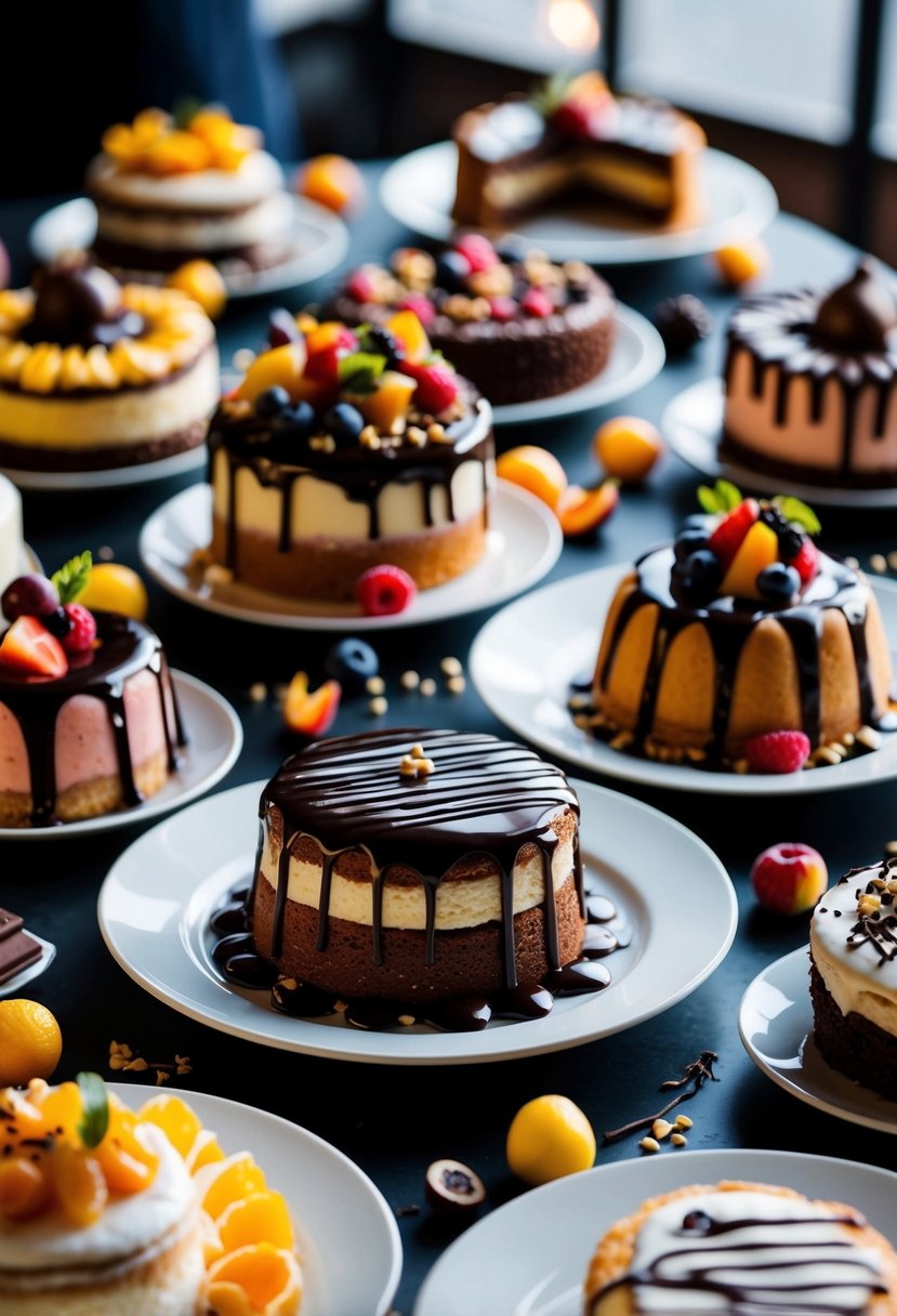 A table set with an array of decadent desserts, from cakes to pastries, surrounded by colorful fruits and chocolate drizzles