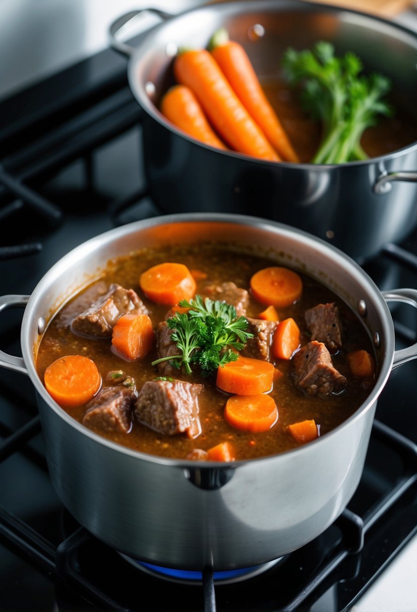 A pot of carrot and beef stew simmering on a stovetop