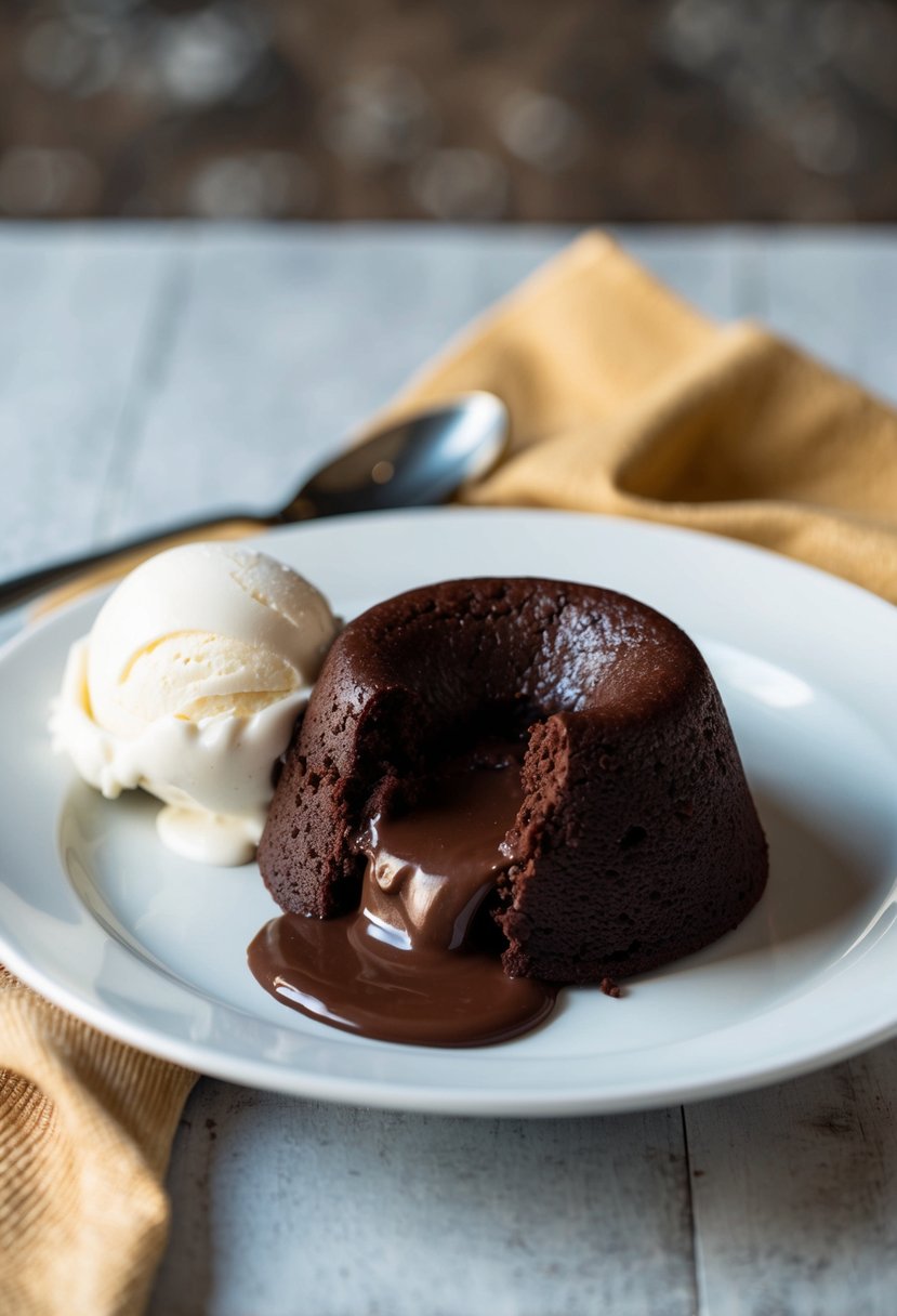 A rich, molten chocolate lava cake sits on a white plate, oozing with warm, gooey chocolate filling. A scoop of vanilla ice cream melts beside it