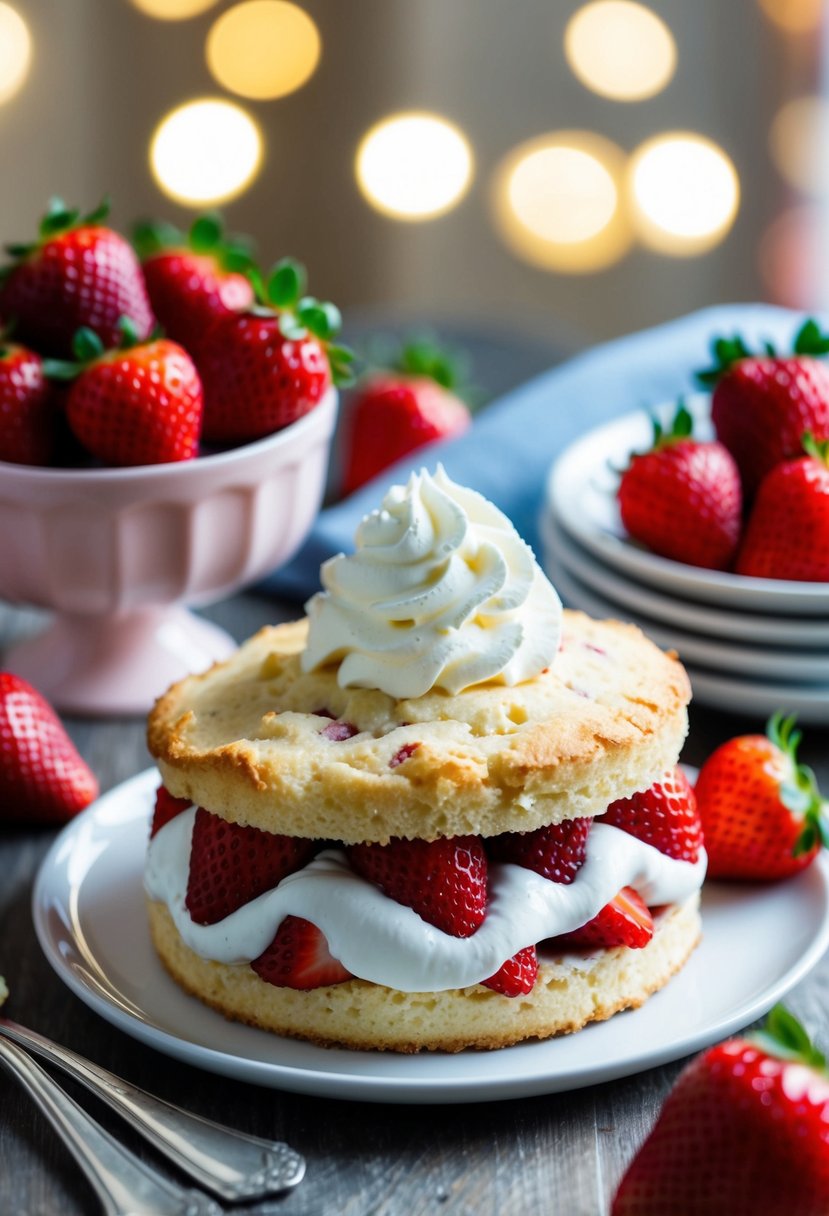 A table set with a freshly baked strawberry shortcake surrounded by ripe strawberries and a dollop of whipped cream