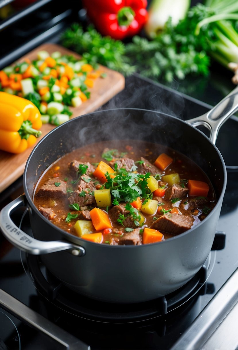 A steaming pot of gluten-free beef and vegetable stew simmering on a stove, surrounded by colorful chopped vegetables and fragrant herbs