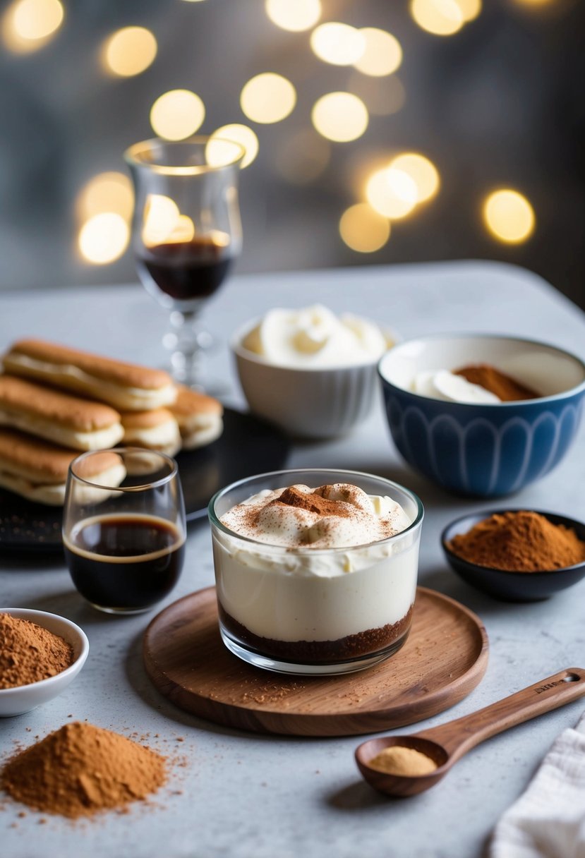 A table set with ingredients for tiramisu, including ladyfingers, coffee, mascarpone, and cocoa powder