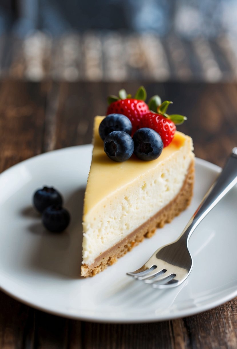 A slice of New York cheesecake topped with berries on a white plate with a fork beside it