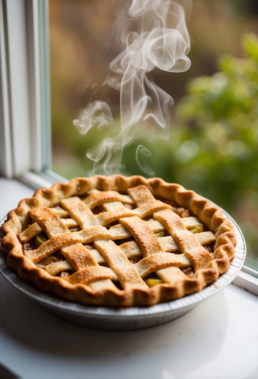 A freshly baked apple pie cooling on a windowsill, with a lattice crust and steam rising from the golden filling