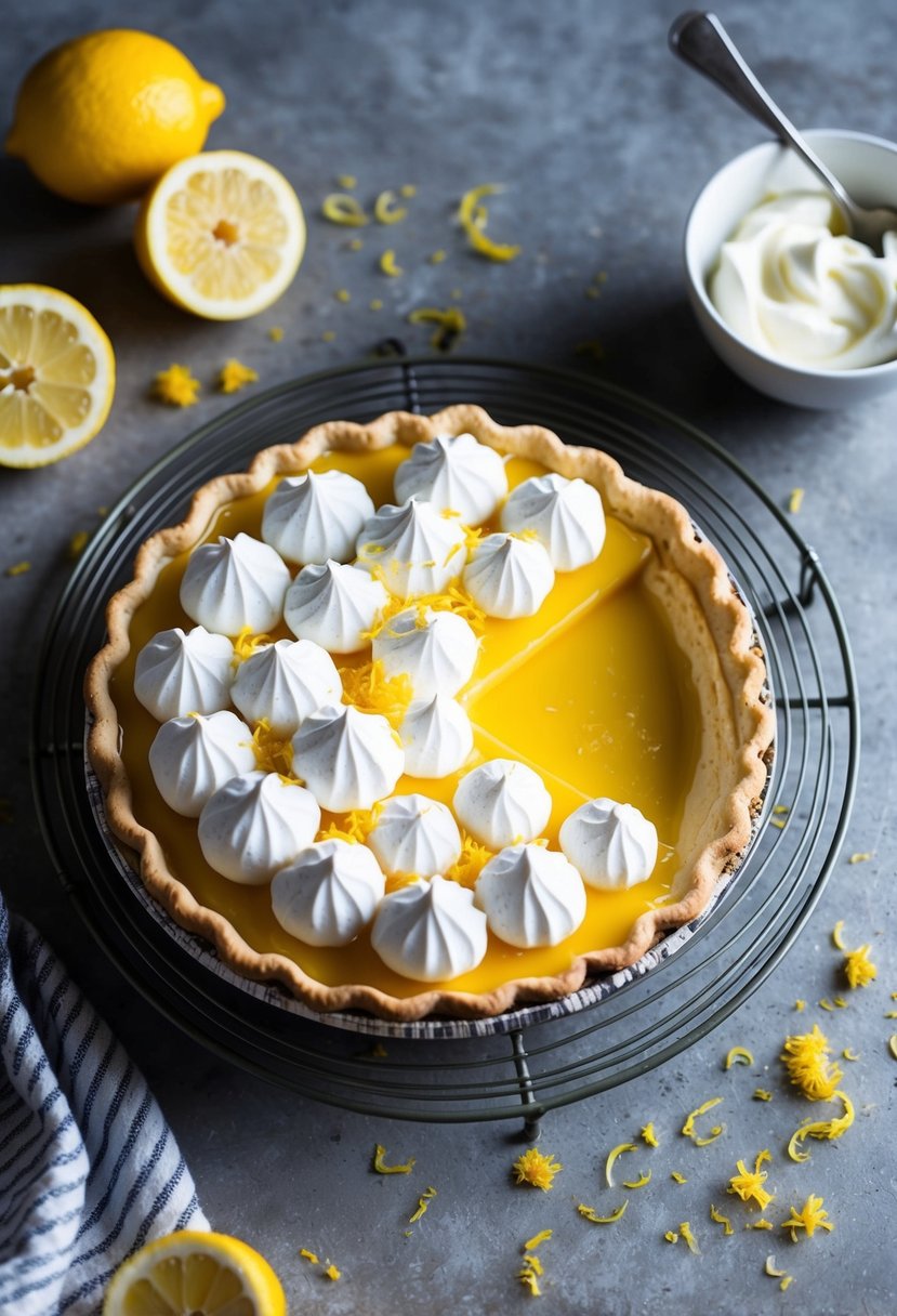 A rustic kitchen counter with a freshly baked lemon meringue pie cooling on a wire rack, surrounded by scattered lemon zest and a bowl of whipped cream